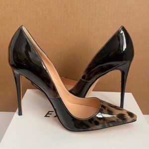 NEW Ladies Leopard Black Gradient Patent Closed Toe Stiletto Heel Shoes Sz 15